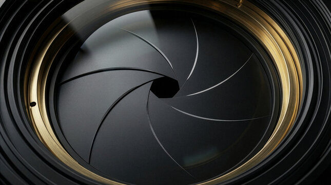 Camera lens aperture with smooth curved blades and warm metallic reflections, detailed optical mechanism and creative photography concept.