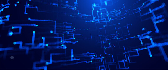 Fototapeta premium Digital Transformation Background With Glowing Neon Data Connection Lines and Abstract Particle Flow Gird on Dark Blue. Smart Digital Business Solutions. Vector Illustration.