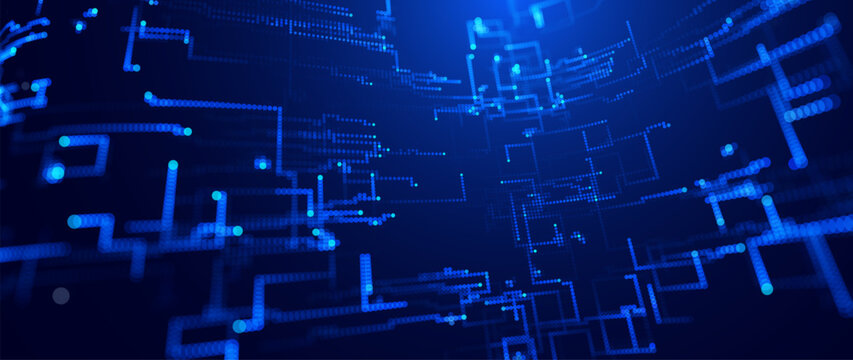 Digital Transformation Background With Glowing Neon Data Connection Lines and Abstract Particle Flow Gird on Dark Blue. Smart Digital Business Solutions. Vector Illustration.