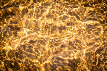 A clear stream of river water flows over a sandy-pebbly bottom on a sunny day. Sunlight creates golden wavy patterns on the surface and bottom of the reservoir. The water is shallow and has a warm gol © Alexei Vinnikov