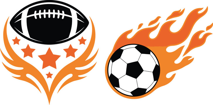 Dynamic sports icons of a football and soccer ball with fiery flames and stars