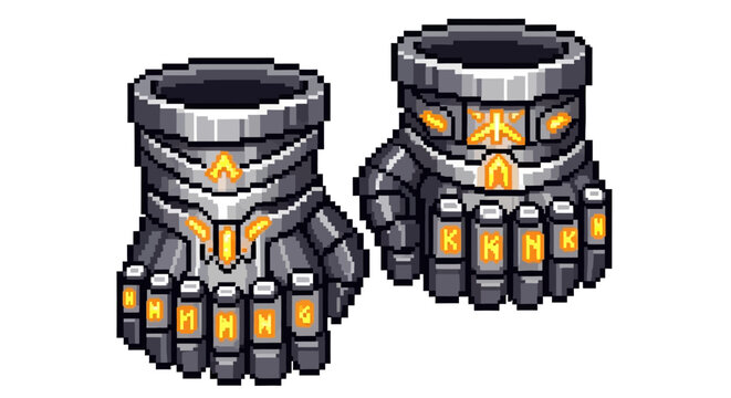 Pixel Art Futuristic Gauntlets with Glowing Energy Cores.