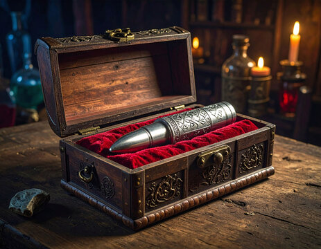 Ornate silver projectile in a vintage wooden chest on red velvet. Magical workshop background with candles. Perfect for fantasy storytelling, gaming, and cinematic concept art.