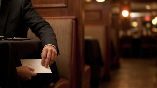 Man in suit secretly passing envelope with bribe under restaurant table. Corruption and illegal deal concept. Businessman committing crime, dishonesty or financial fraud in office.