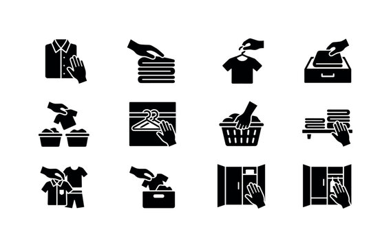 Collection of icons depicting various laundry and clothing care tasks
