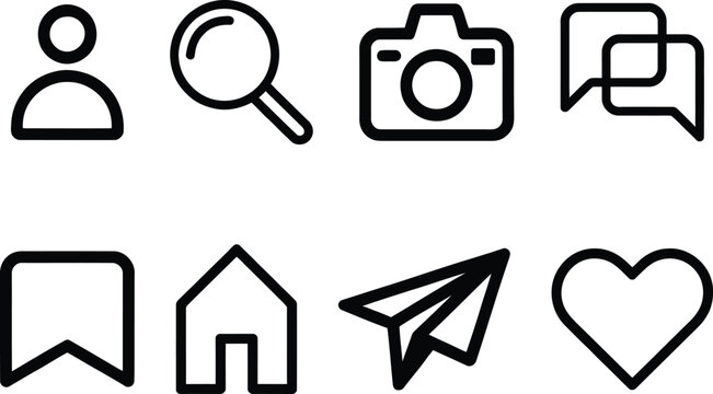 Collection of eight simple black and white icons representing various functions and concepts