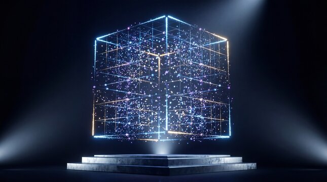 Abstract glowing cube made of interconnected particles and light beams on a dark podium