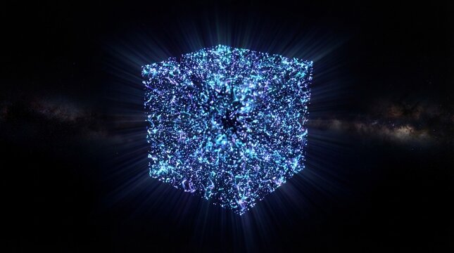 Abstract blue cube composed of tiny particles glowing with light against a dark cosmic background