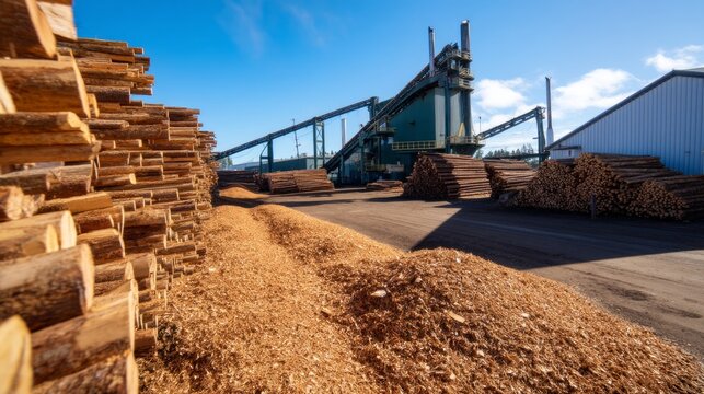 Towering Lumber Mill with Stacks of Cut Timber and Sawdust in Arran