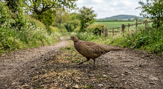 Brown female pheasant crossing country dirt track