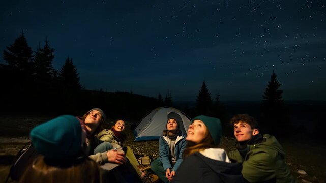 Night camping friends stargazing under starry sky around glowing campfire near pine forest, tent pitched, lantern casting warm firelight on smiling faces, group roasting marshmallow, youthful