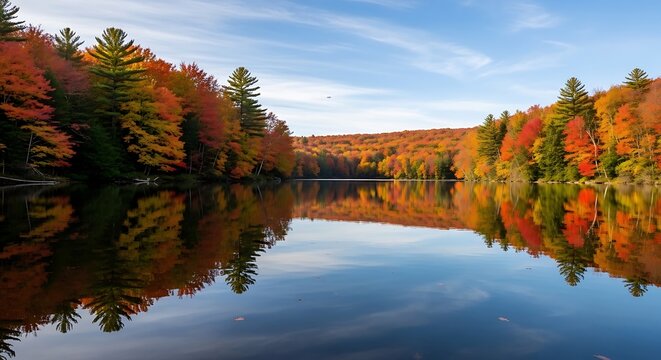 Vibrant autumn trees line serene lake with reflective calm water