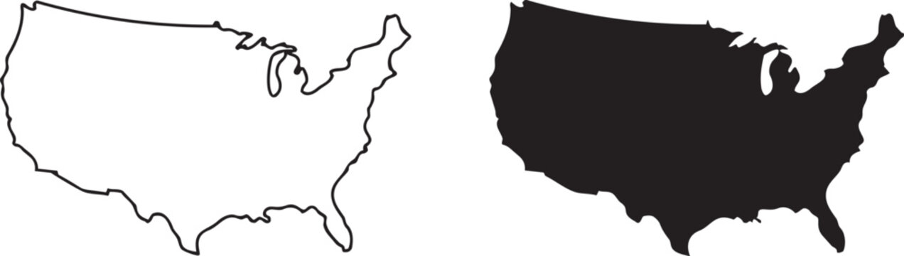 Outline of United States: A simple yet impactful rendering of the United States, presenting both a detailed outline and a solid silhouette, ideal for conveying geographical concepts.