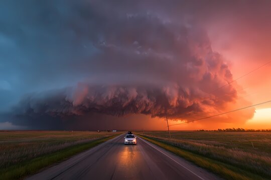 Storm chasing concept with a storm and storm chasing vehicle