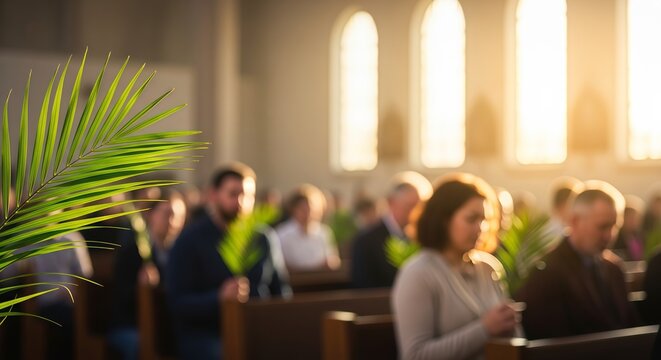 Green palm branch in foreground with blurred parishioners holding leaves in church during Palm Sunday service. Christian religious celebration, ritual, worship and faith concept.