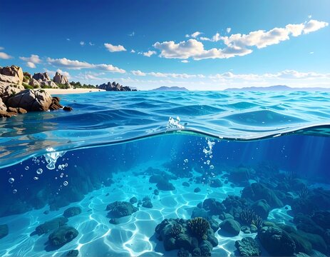 Split-level view of ocean water, blue sky, rocks, sand, and coral reef beneath the water