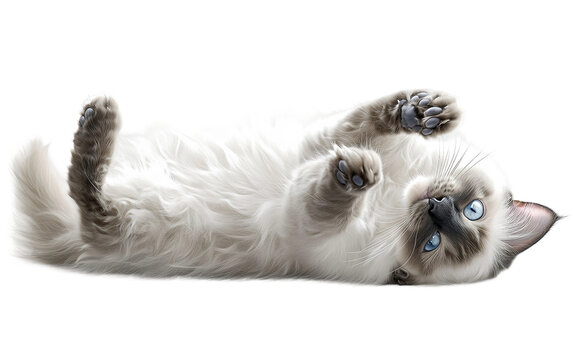 Adorable Ragdoll cat laying upside down with paws in the air showing playful relaxed posture soft fluffy fur and charming feline personality isolated on transparent background PNG