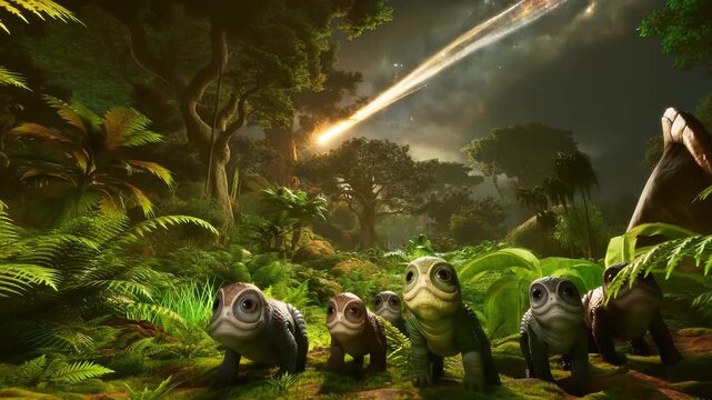 Baby dinosaurs in jungle during meteor streak across night sky, hatchlings clustered among ferns and moss, warm glowing trail lights canopy and leaves, embers and ash drift through humid air,