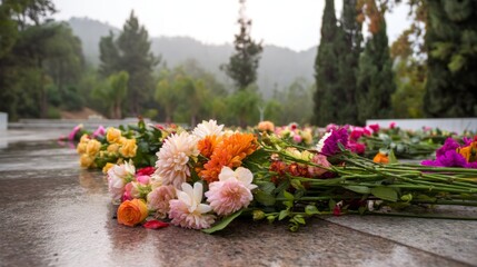 Naklejka premium Floral Tributes at Dawn After Rain: A Serene Side View of Nature