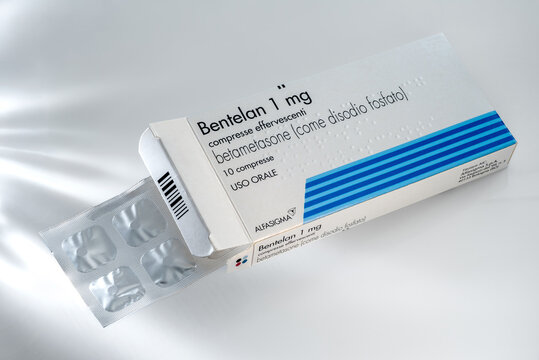 Italy &ndash; March 24, 2026: Bentelan 1 mg effervescent cortisone tablets, containing the active ingredient betamethasone, a corticosteroid with anti-inflammatory properties. Box with blister packs