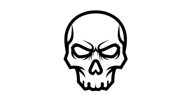 angry skull icon, black and white illustration, aggressive expression