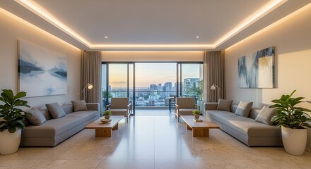Fototapeta premium Modern Luxury Apartment Interior With Cityscape View At Sunset