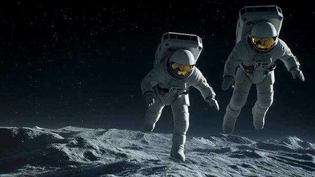 Astronauts floating above lunar surface, two helmeted mission specialists in white spacesuits with gold visors share a slowmotion moonwalk over cratered regolith under starry sky, cinematic lowangle