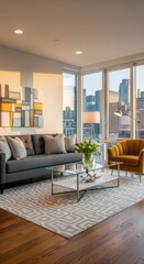 Fototapeta premium Modern Luxury Apartment Living Room With City Views And Sunlight