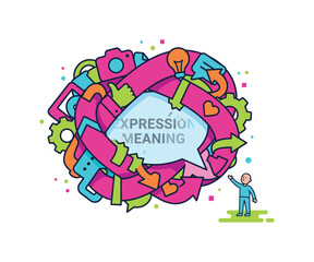Naklejka premium Abstract concept of expression and meaning with colorful symbols and a small person