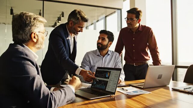 Four diverse business professionals collaborating in a bright, modern office, analyzing financial charts and graphs on a laptop screen. One points to data, explaining insights for positive