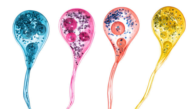 Colorful sperm cells PNG separately isolated on transparent background, blue pink and yellow gametes for fertility and reproductive health concepts