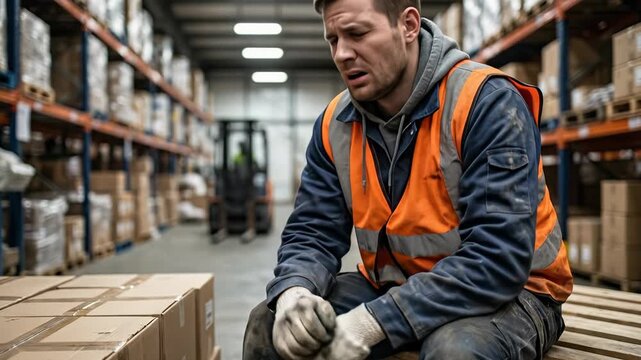 Tired warehouse worker in orange safety vest sitting on cardboard boxes looking exhausted during labor shift in industrial storage facility with forklift