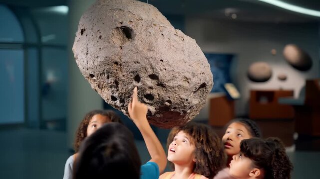 Curious multiracial children gaze at asteroid, pointing upward in modern museum gallery during school fieldtrip, teacher nearby, dramatic lighting highlights textured rock suspended above, educational