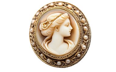 Naklejka premium Charming antique cameo brooch featuring delicately carved portrait capturing refined vintage aesthetic and collectible jewelry appeal isolated on transparent background PNG