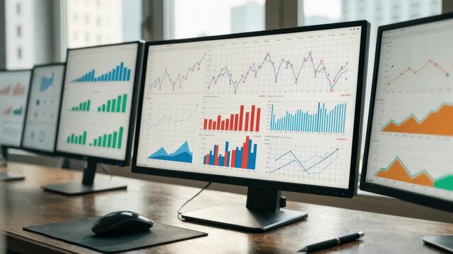 Multiple screens on a desk showing detailed inflation trends and GDP forecasts in light mode with a focused view on the central monitor and blurred peripherals creating depth.