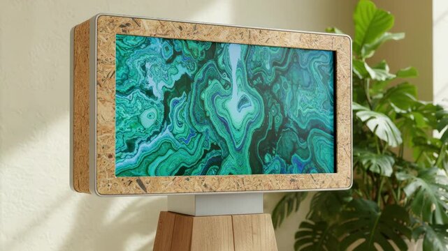 Sharp focus on a modern digital brochure stand made from recycled materials set against softly blurred ecofriendly finishes and sunlit natural plants indoors.