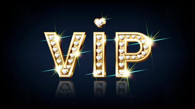 Golden VIP letters sparkle with diamond hearts on dark background. Shiny light effects enhance luxury feel. Perfect for events, promotions