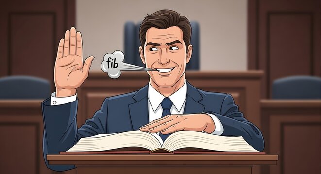 Dishonest witness takes an oath in a court of law, secretly intending to tell a falsehood. Perjury concept illustration depicting legal deceit and lack of integrity in justice proceedings
