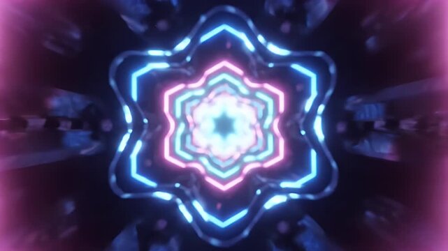 A glowing neon hexagon frames an abstract floral design with flowing, textured elements