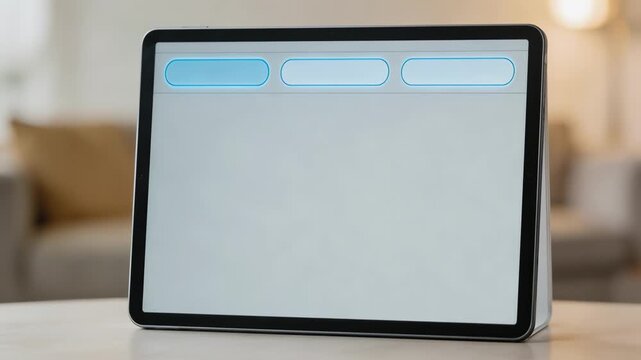 Tablet screen captured in medium shot featuring an intentbased AI query suggestion bar with clear highlighted options and soft blurred environment.