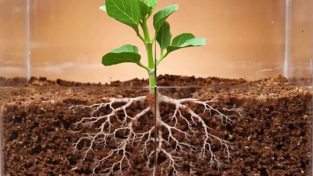 Young plant root system and seedling growth in soil with green leaves showing dynamic roots branching outward inside transparent container revealing soil layers and healthy development process
