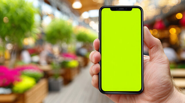 Hand holding smartphone with blank screen in outdoor market setting  