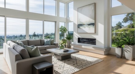 Fototapeta premium Modern Living Room With Expansive Views And Contemporary Fireplace