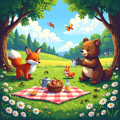 Fototapeta premium Whimsical illustration of forest friends sharing a picnic on a sunny day. This vibrant, cheerful scene of harmony is ideal for childrens storytelling, greeting cards, and nursery art.