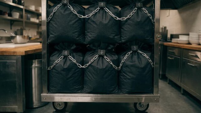 Preparation for armored cash pickup with detailed focus on securely fastened cash bags inside locked cart the surrounding workspace intentionally out of focus for security