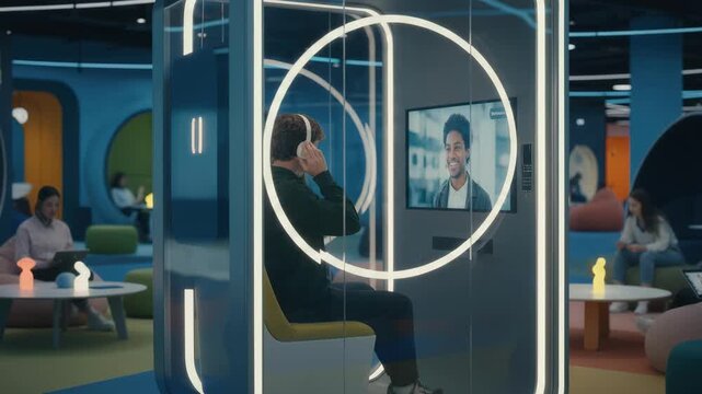 Medium shot of a youthfocused digital lounge crisp focus on video call booth with blurred casual seating showcasing modern communication tools.