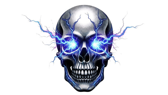 Futuristic silver skull with blue electric lightning eyes isolated on a transparent background