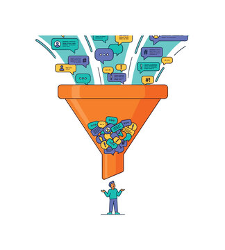 Conceptual illustration of information overload and data filtering through a funnel