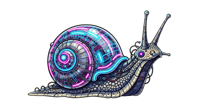 Neon cyberpunk snail with purple pink and blue shell isolated on a transparent background