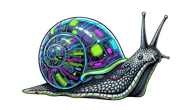 Neon cyberpunk snail with colorful shell isolated on a transparent background